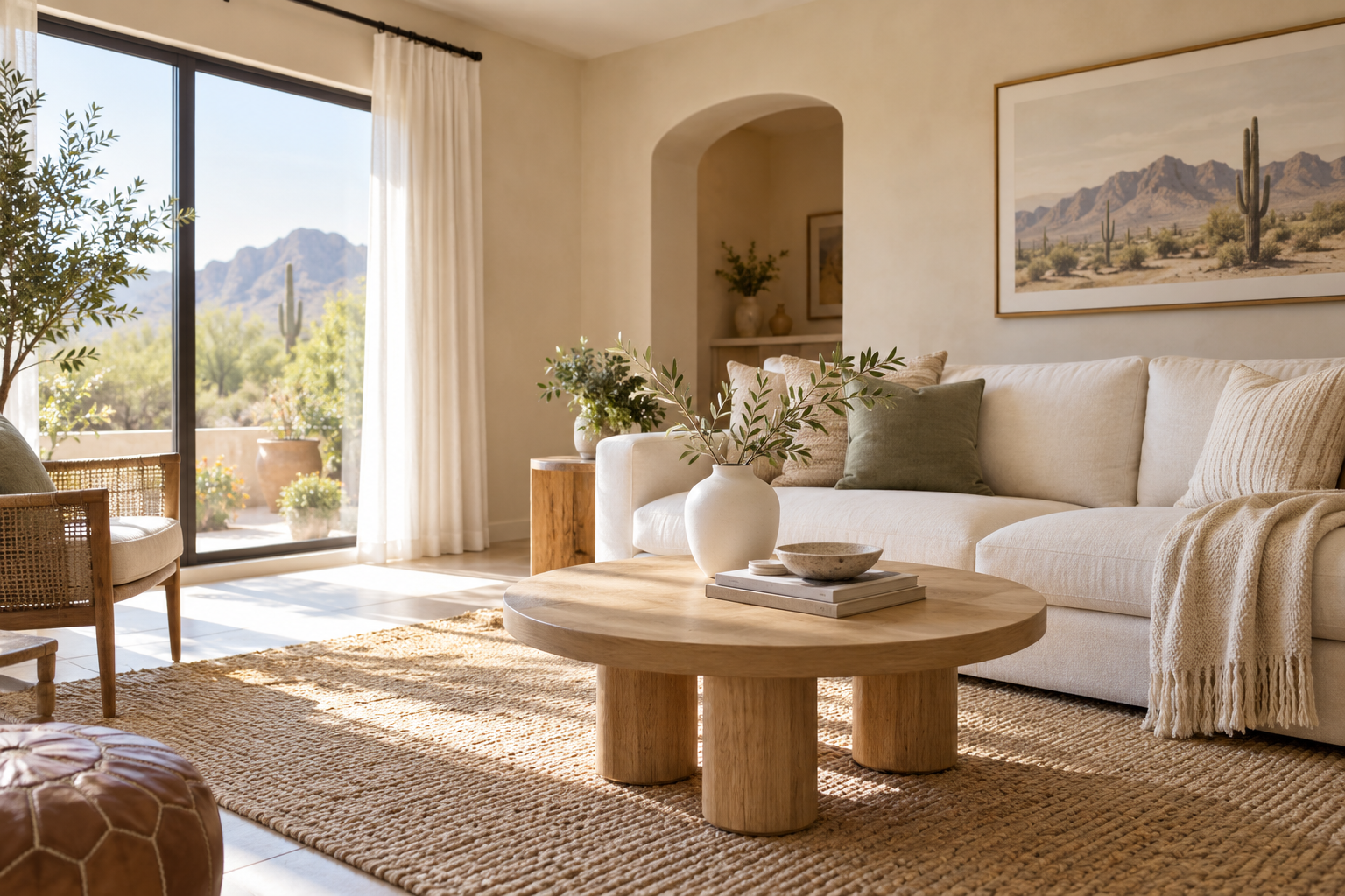 A bright living room with an ivory sofa, green cushions and natural oak furniture